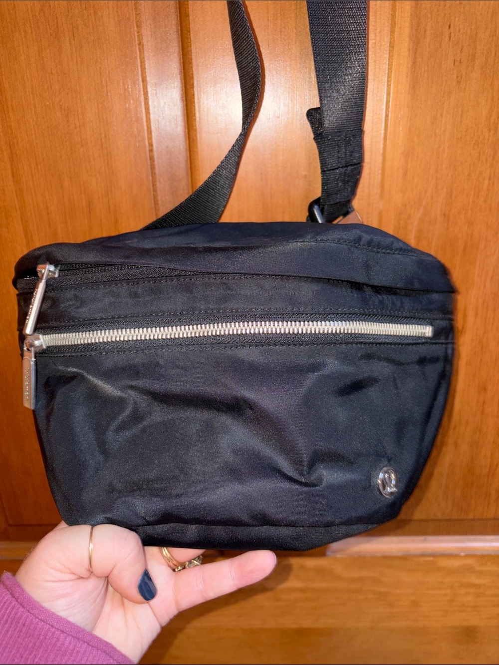 lululemon athletica Black Nylon Sling Bag with Silver Zipper